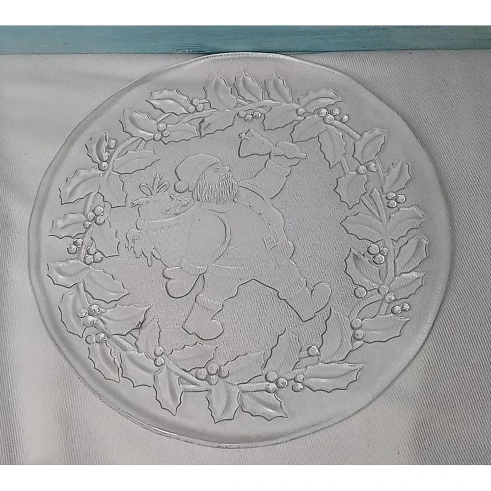 Santa Claus Christmas Platter Glass‎ Serving Plate Made In Italy Holiday Plate